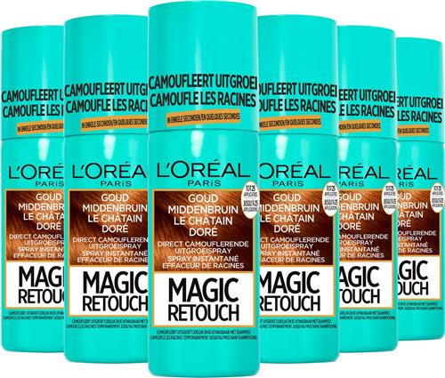 L'Oréal Paris Magic Retouch Goud Middenbruin Camouflerende Uitgroeispray Voordeelverpakking - 6 x 75ml
