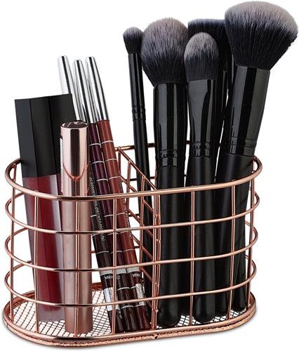 Relaxdays make-up kwastenhouder - 2 vakken - metaal - bureau - 9 x 15 x 8 cm - roségoud