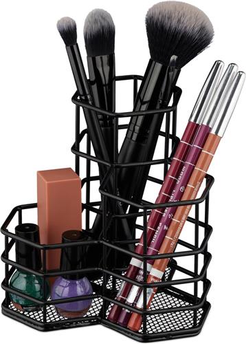 Relaxdays make-up kwastenhouder - 3 vakken - zeshoekig - 12,5 x 12 x 12,5 cm - metaal - bureau - zwart