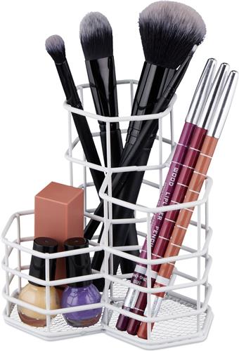 Relaxdays make-up kwastenhouder - 3 vakken - zeshoekig - 12,5 x 12 x 12,5 cm - metaal - bureau - wit