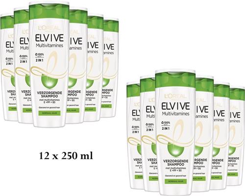LOréal Paris Elvive Multivitamines 2 in 1 Shampoo - 12 x 250 ml - Voordeelverpakking - Jumbopakket