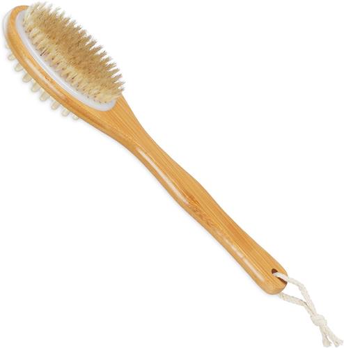 Relaxdays badborstel - dubbelzijdig - rugborstel lange steel - 37 cm lang - natuurlijke haren - noppen