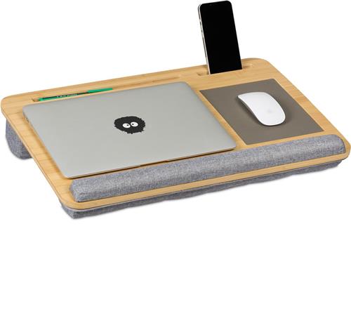 Relaxdays laptopkussen - bamboe - muismat - telefoonhouder - polssteun - 10 x 55,5 x 36 cm - natuur-grijs