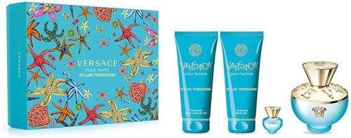 Versace Dylan Turquoise pour Femme Giftset - 100 ml eau de toilette spray + 5 ml eau de toilette tasspray + 100 ml showergel + 100 ml bodygel - cadeauset voor dames